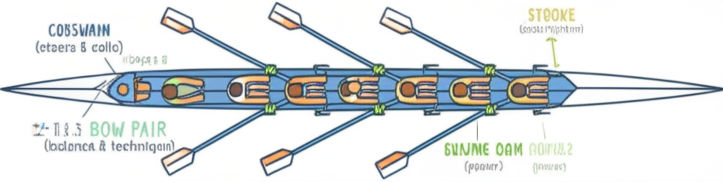 Seat positions in a rowing eight: coxswain, stroke, engine room, and bow pair