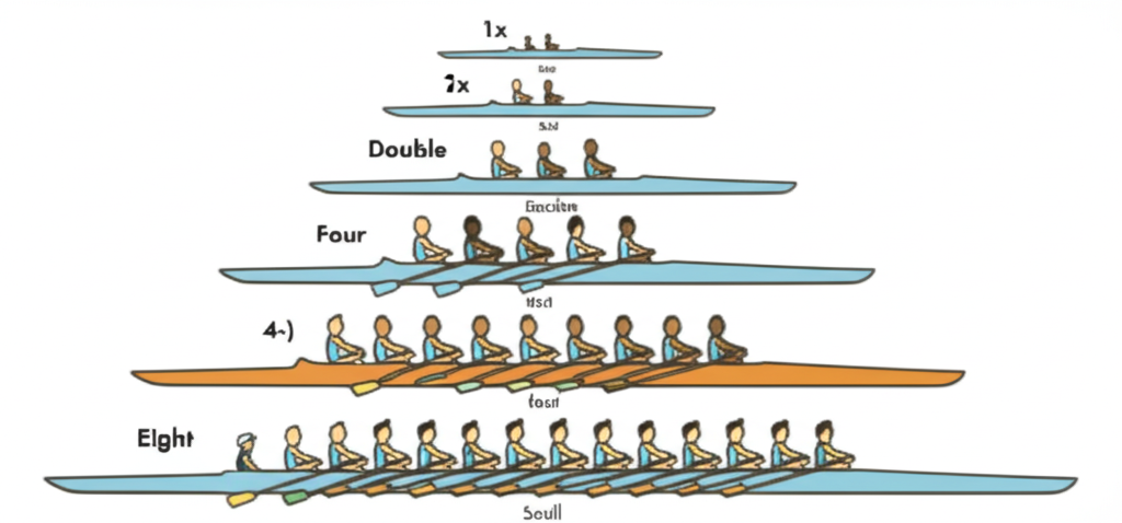 Rowing boat size comparison: single, double, four, and eight
