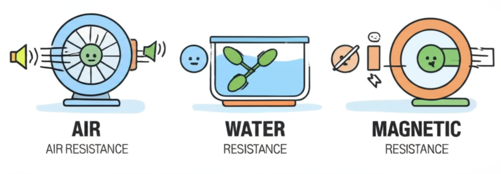 Three types of rowing machine resistance: air, water, and magnetic