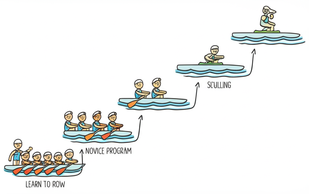 Rowing club progression: Learn to Row, novice program, sculling, racing