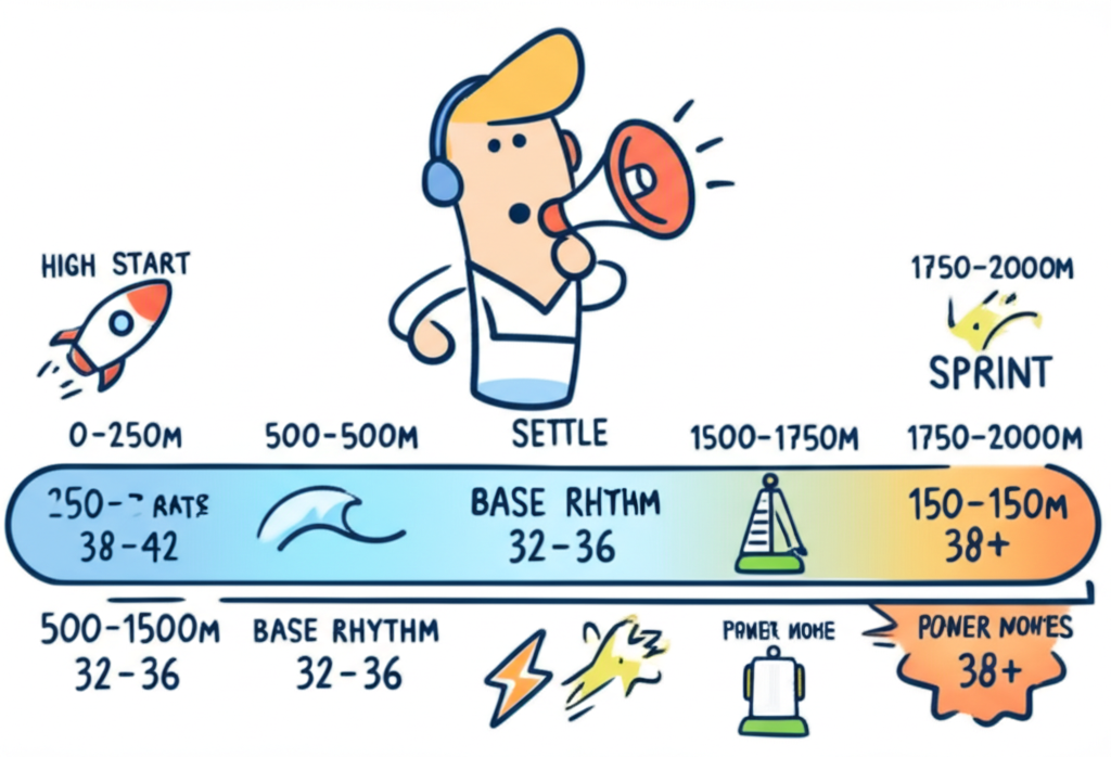The 2000m race plan: high start, settle, base rhythm, power moves, sprint