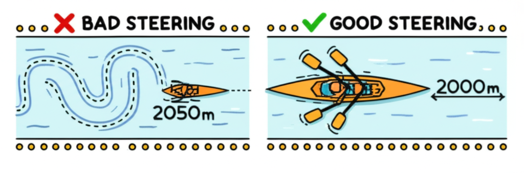 Good steering vs bad steering — straight course vs weaving adds distance