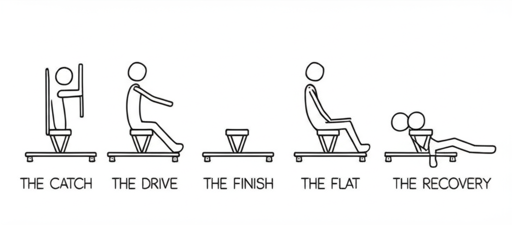 The four phases of the rowing stroke: catch, drive, finish, and recovery