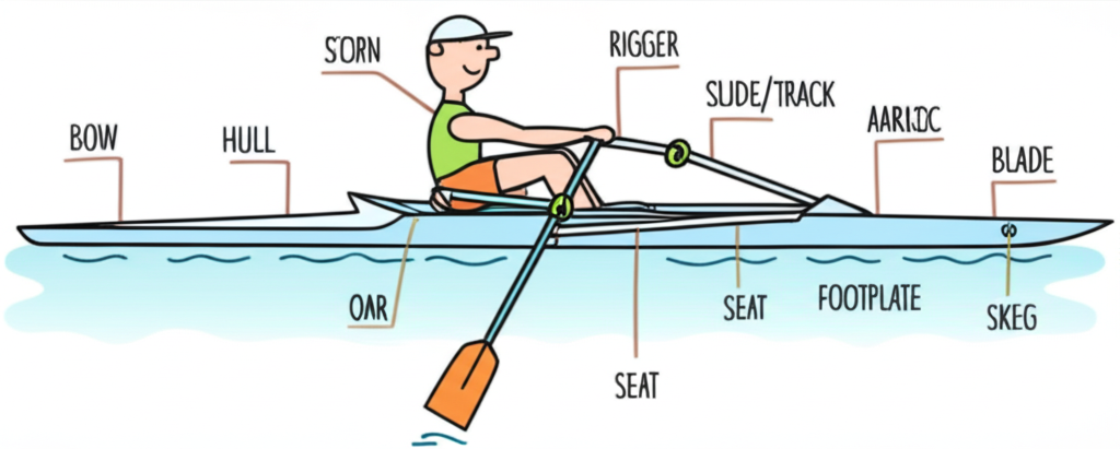 Labeled diagram of a rowing shell showing all major parts