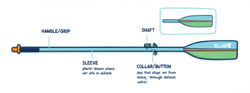 Labeled diagram of a rowing oar showing handle, shaft, sleeve, collar, and blade