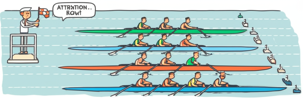 Cartoon of a rowing sprint race start with boats aligned at stake boats