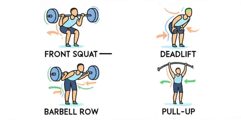 The four core exercises for rowers: front squat, deadlift, barbell row, and pull-up