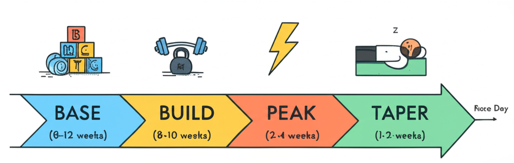 Training phases: base building, build, peak, and taper leading to race day