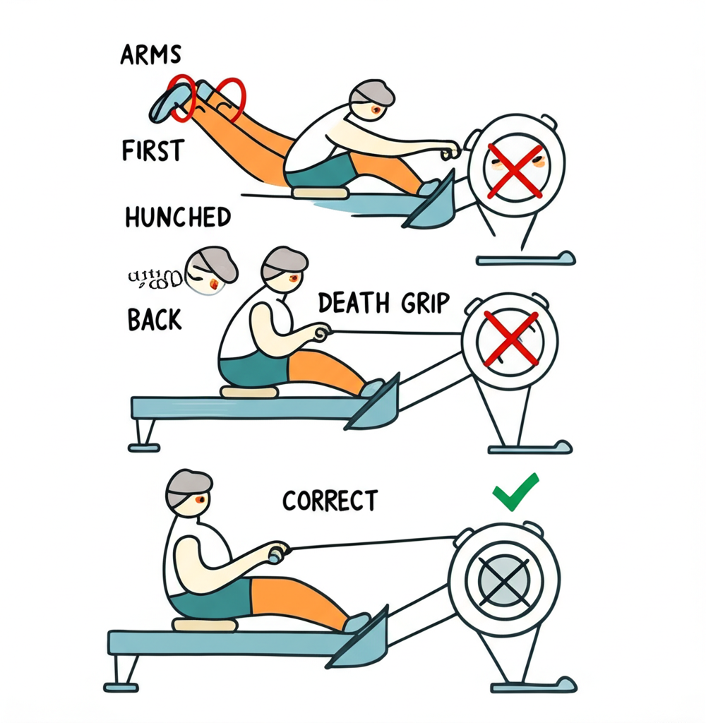 Common rowing mistakes: arms first, hunched back, death grip — and the correct form