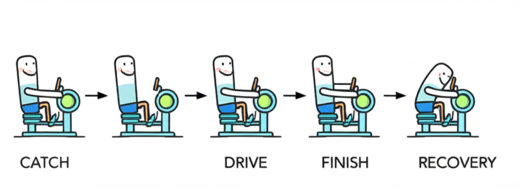 The four phases of the rowing stroke: catch, drive, finish, and recovery
